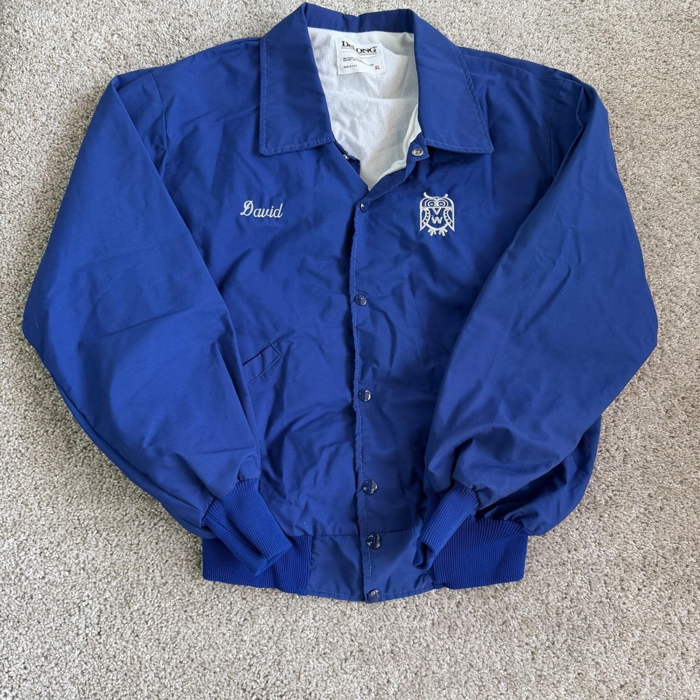 Vintage DeLong Jacket Mens XL Blue Nylon Varsity Snap Owl Logo Lined Made USA